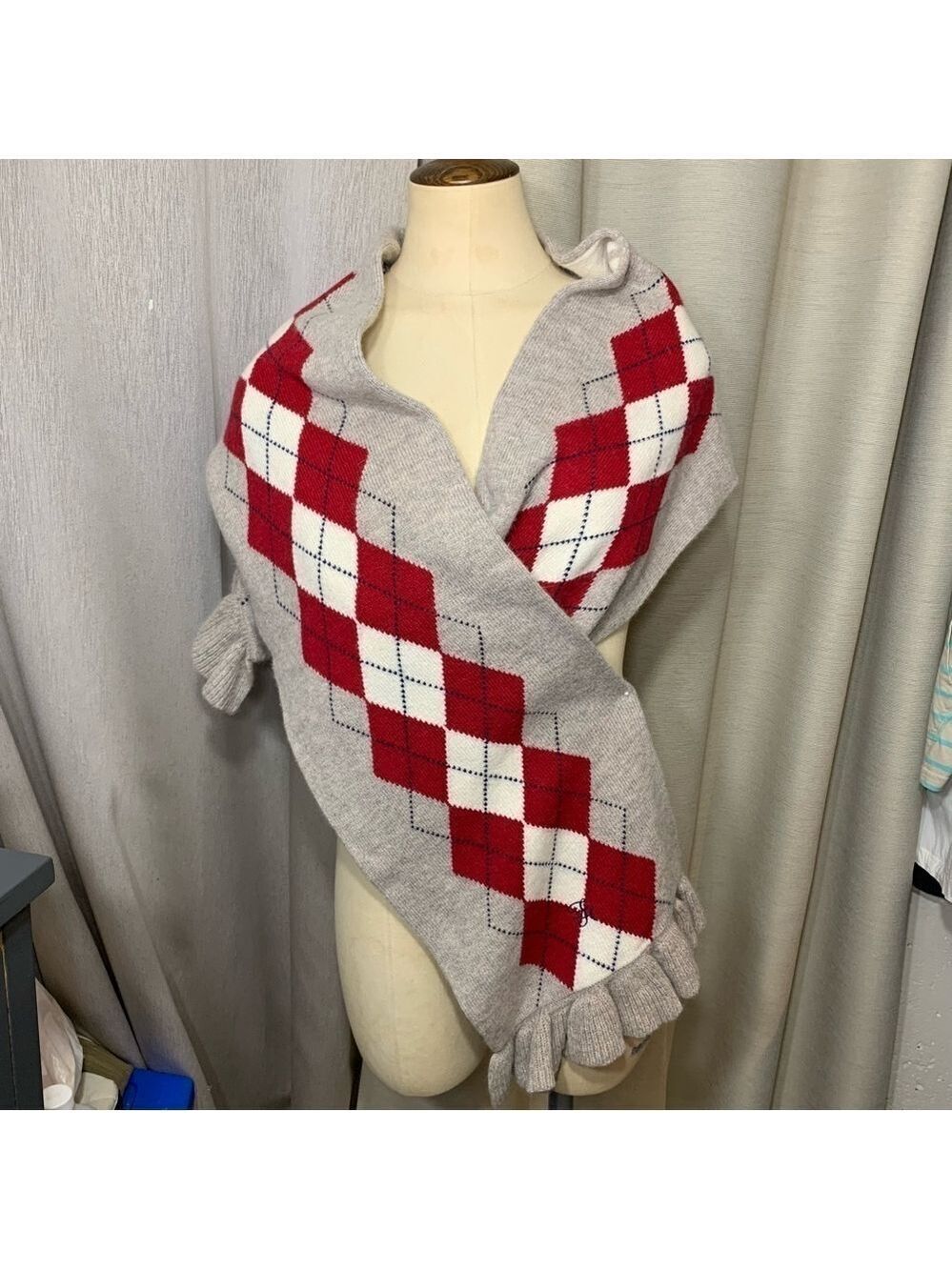 Tommy Hilfiger Knit Scarf Wrap O/S Tan red Scottish Plaid Wool Blend Ruffle Hem - Picture 13 of 13